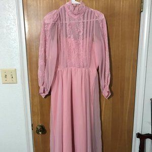 Vintage Edwardian High Collar ILGWU Pink Dress
